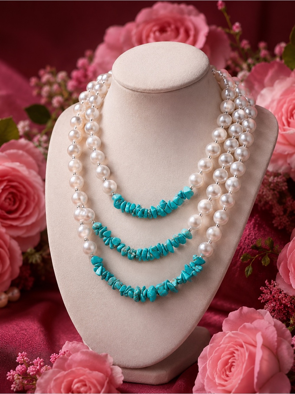 Turquoise & White Pearl Triple-Strand Necklace